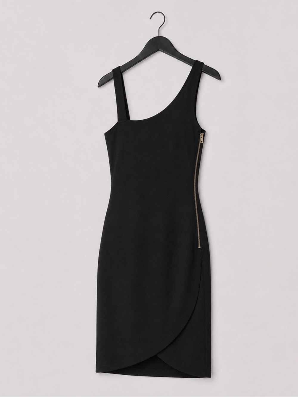 Helmut Lang Black Viscose Lined Asymmetrical Dress Exposed Brass Zip USA 10